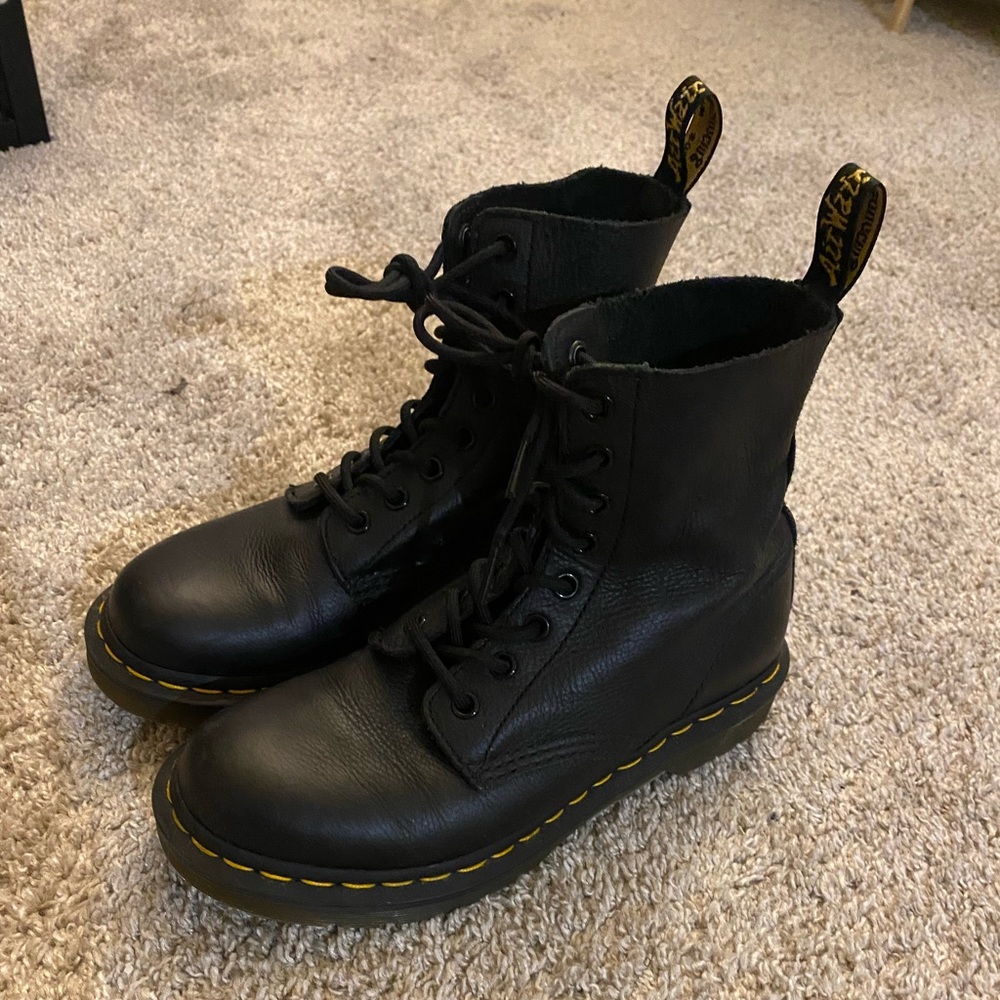 Black, lace-up Doc Marten boots. Size 7
